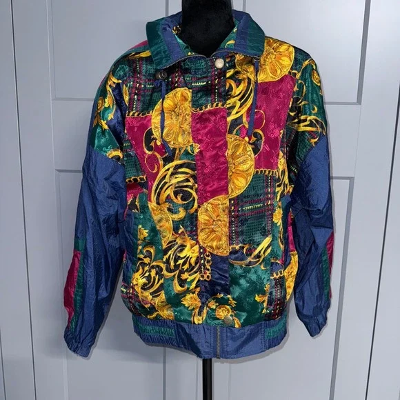 River Edge 80's Sport Windbreaker Jacket Sz M Colorful Baroque Print Nylon Track - Picture 1 of 9